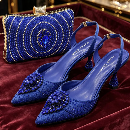 Latest Women Italian Shoes and Matching Bags Decorated with Rhinestone Elegant Pointed Toe Wedding Shoes Bride