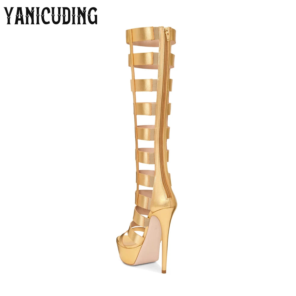 Strappy Gladiator Sandal Boots Metallic Gold Below the Knee Stiletto Boots Fashion Sexy Style Back Zipper Platform Women's Boots