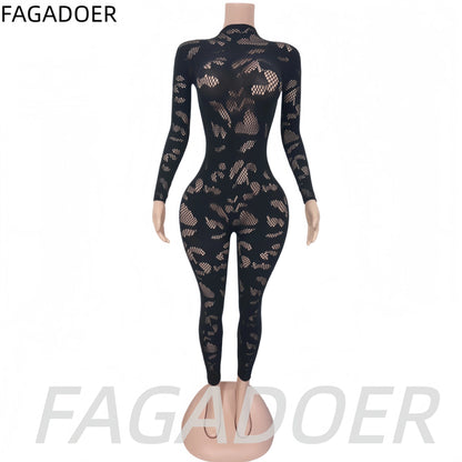 FAGADOER Sexy Lace See Through Patchwork Bodycon Jumpsuits for Woman Hollow-out Long Sleeves Rompers Female Streetwear Overalls