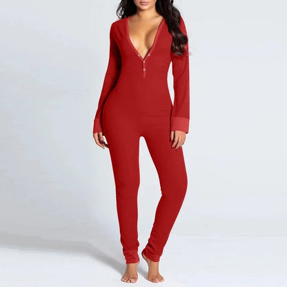 Adult Long Sleeve Pajamas Button Flip Cover Women's 1Piece Loungewear Butt Button Back Flap Jumpsuit Sleepwear Romper Home Wear
