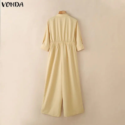 Casual Jumpsuits Plus Size VONDA 2026 Women Long Rompers Elegant Office Lady Overall Patchwork Loose Long Sleeve Playsuits