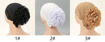 Muslim Women's Hijabs with Lace Chiffon Panhua Solid Color Thin Bottom Hat Islam Head Wrapping Tie Back Turban Female Headband