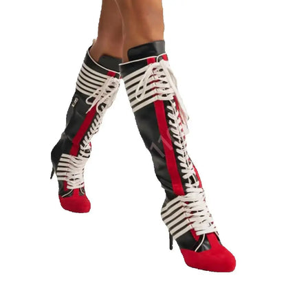 2026 New Black Red Color Block Striped Knee High Boots Women Full Lace Up Thin Stiletto High Heel Fashion Streetwear Long Boots