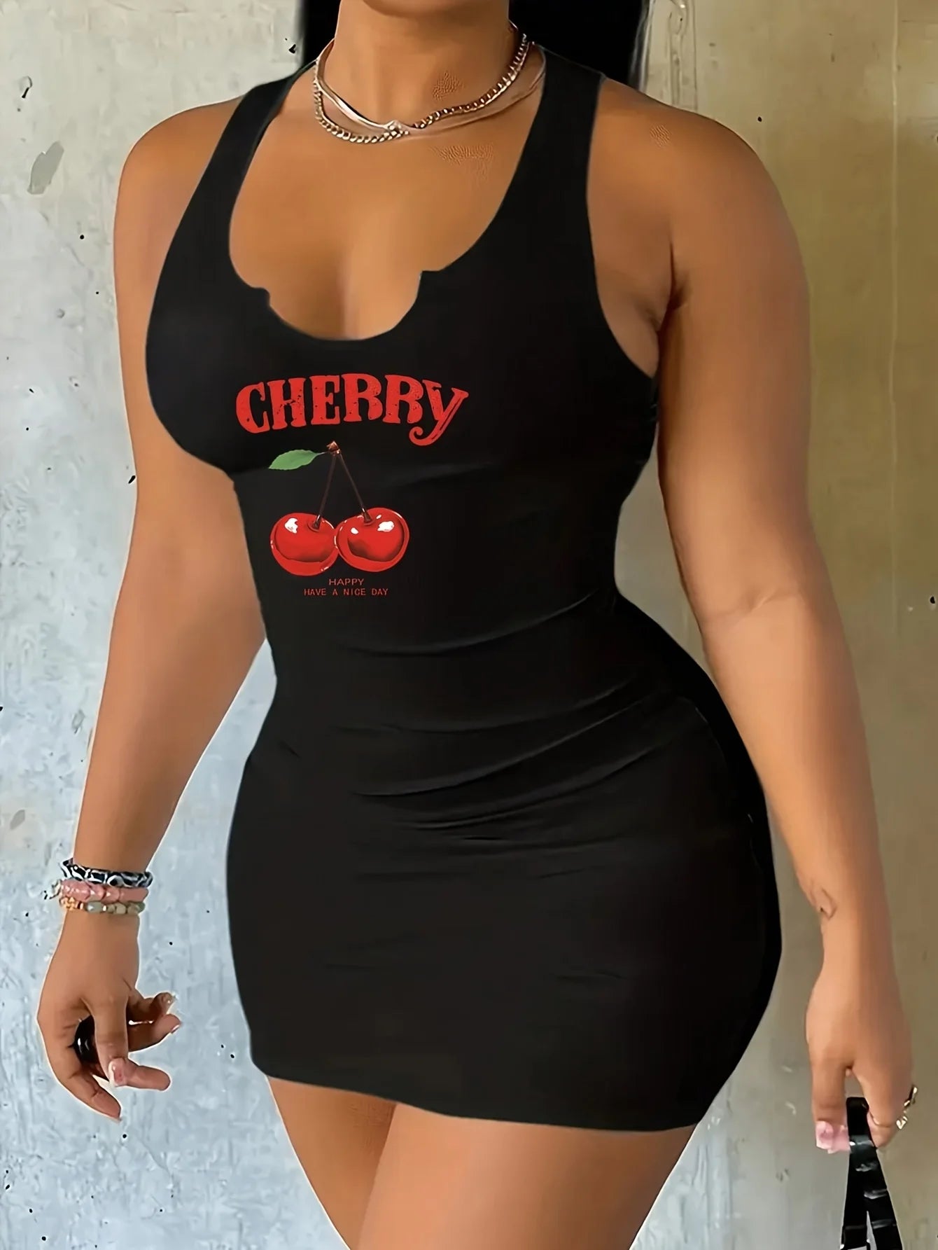 2026 Casual Sexy Cherry Print Round Neck Vest Dress, Spring and Summer Casual Sleeveless Tight Fitting Dress, Women's Dress