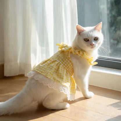 New Pet Clothing with Flying Shoulder Sleeves and Checkered Lace Dog Skirt, Cat Clothing Skirt
