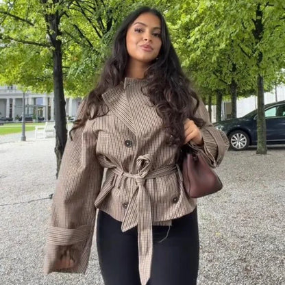 Vintage Plaid Women's Cropped Trench Coat Autumn Lapel Tie Waist Full Sleeve Windbreaker New Chic Casual Elegant Jacket 2026