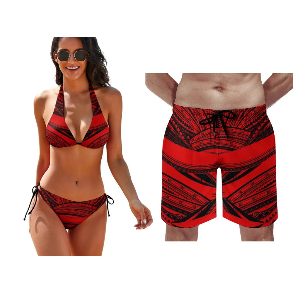 Polynesian Pattern Floral Print Lace-Up Swimsuit Pool Party Couple Suit Summer Custom Couple Suit Women Bikini Men Beach Pants