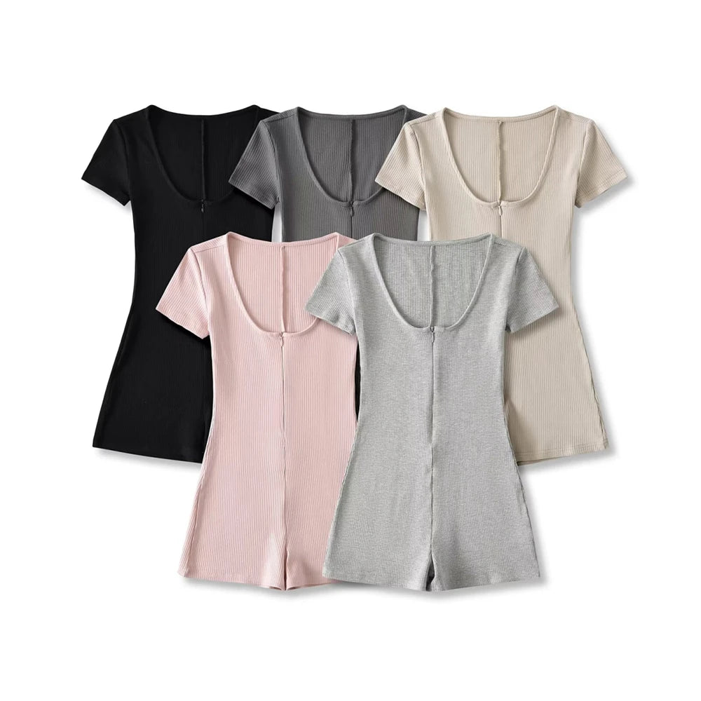 Womens Playsuits Yoga Low Neck Slim Fit Short Sleeve Jumpsuits Stretch One Piece Romper Sexy Fitness Female Sportwears Zipper