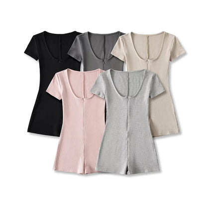 Womens Playsuits Yoga Low Neck Slim Fit Short Sleeve Jumpsuits Stretch One Piece Romper Sexy Fitness Female Sportwears Zipper