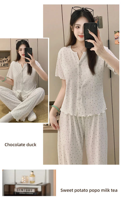 Cotton Fabric Floral Cardigan Printed Pajamas for Women Short-Sleeved Top and Long Pants Sleepwear Homewear Set Ladies Nightwear
