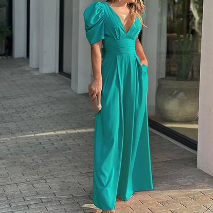 Summer Women's Slim Short Puff Sleeve V-neck Wide Leg Long Jumpsuit Elegant High Waist Ruched  Pocketed Solid color jumpsuits
