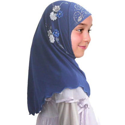 Kids Hijab for Girls Muslim Instant Hijabs Ready To Wear Islamic Shawls Turban with Flowers Scarfs Jersey Head Wrap (2-7 Y)