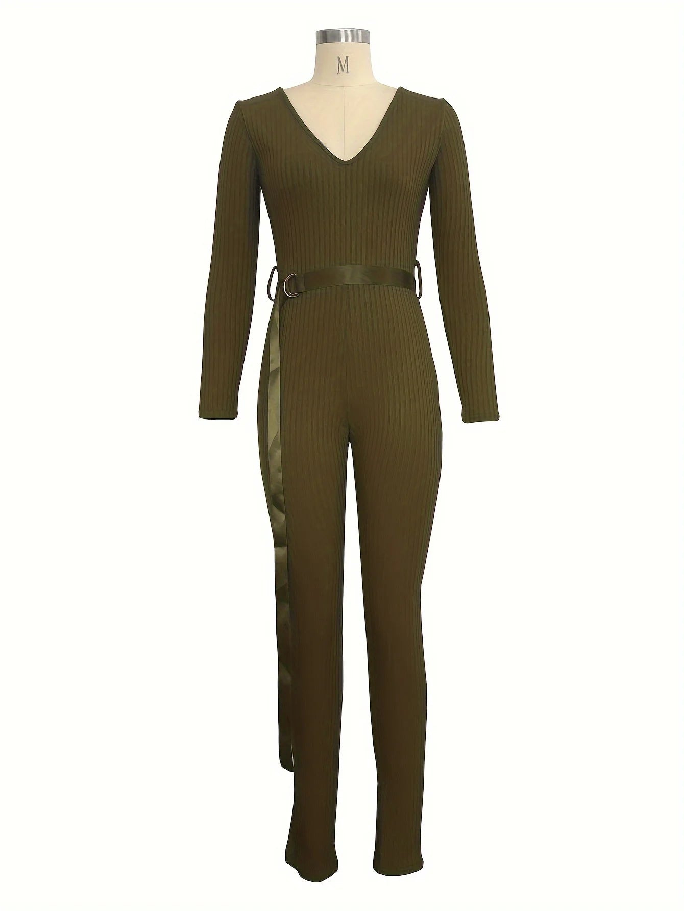 Women Jumpsuits Rompers Ribbed Knitting Skinny Sexy Deep V Neck Long Sleeve Casual Playsuits Club Overalls With Belt