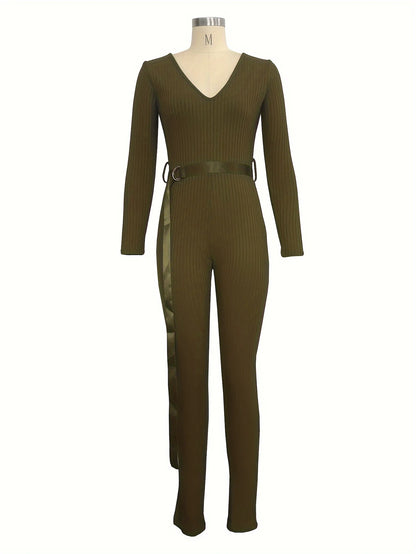 Women Jumpsuits Rompers Ribbed Knitting Skinny Sexy Deep V Neck Long Sleeve Casual Playsuits Club Overalls With Belt