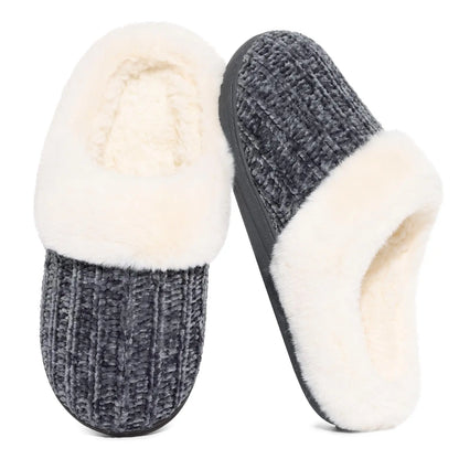 Pallene Winter Women's Fur Slippers Soft Sole Memory Foam Indoor Cotton Shoes Plush Lining Knit Slides Fluffy Men House Slippers