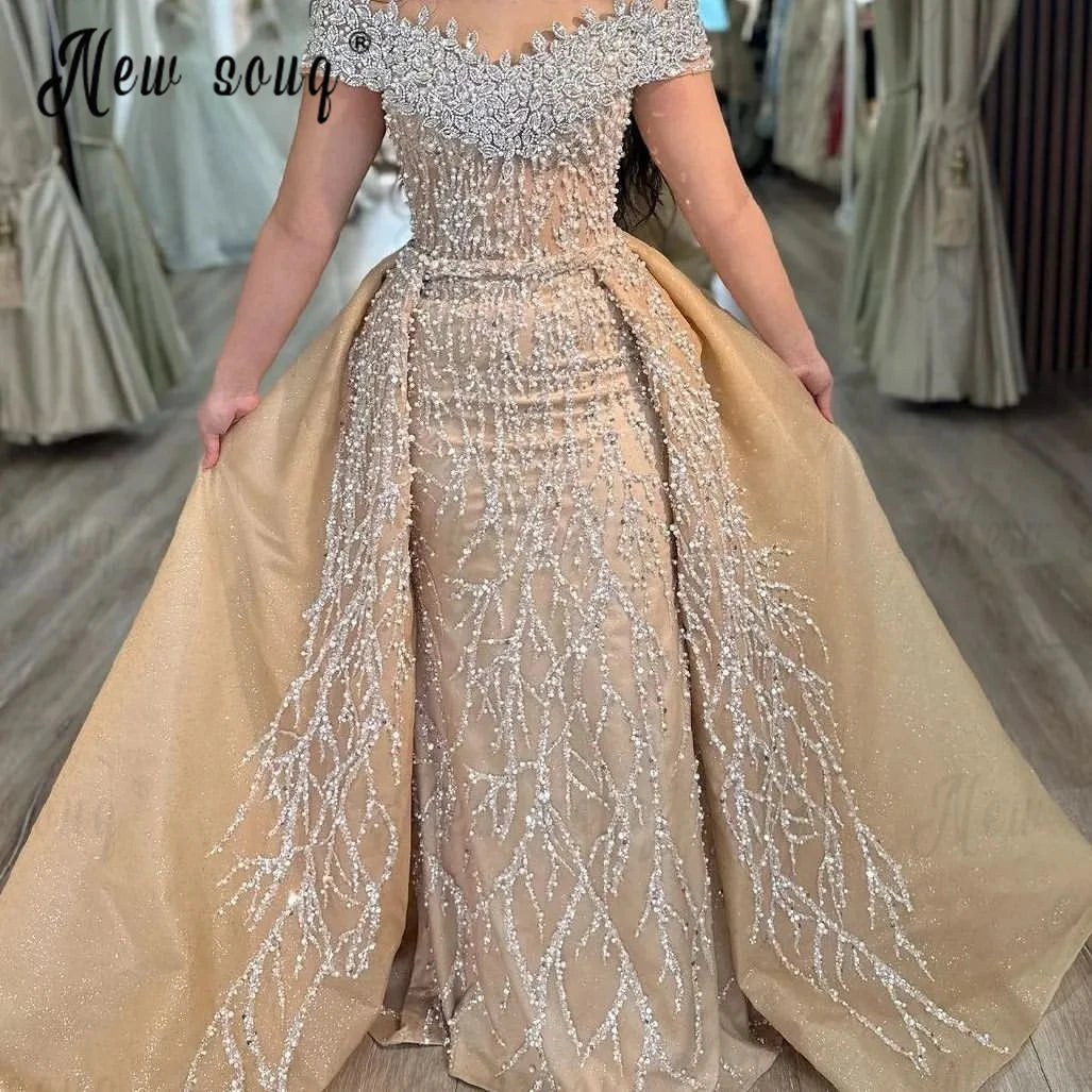 Vintage Gold Two Pieces Diamond Evening Dress With Overskirt Off Shoulder Beaded Lace Wedding Party Gown Formal Dress Customized