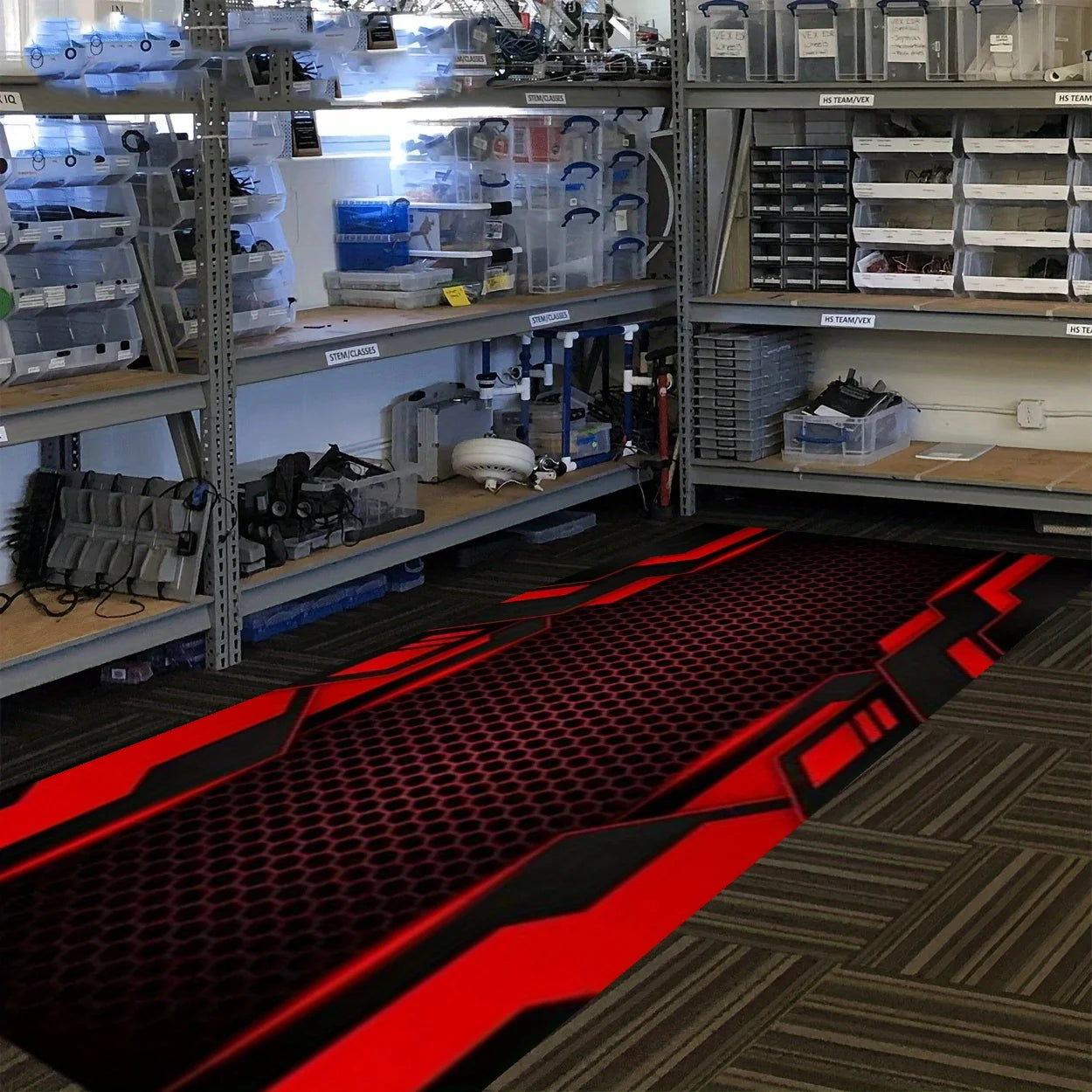 Red Black Honeycomb Motorcycle Mat, Anti-Slip Garage Floor Mat for Motorbike Parking, Absorbent, Cyber Tech Style, Home Decor