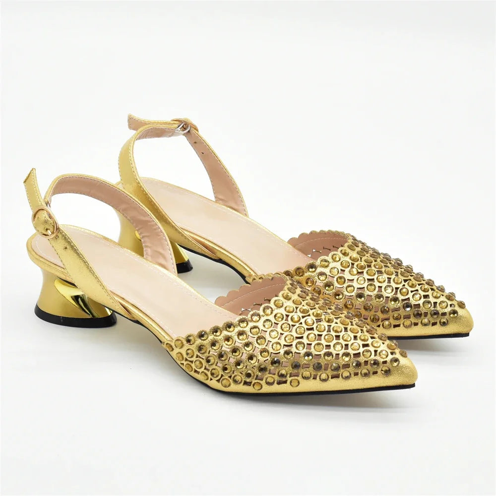 New Fashion Gold Color Shoes and Bags To Match Set Nigeria Party Women's Wedding Bag and Shoe Set Decorated with Rhinestone