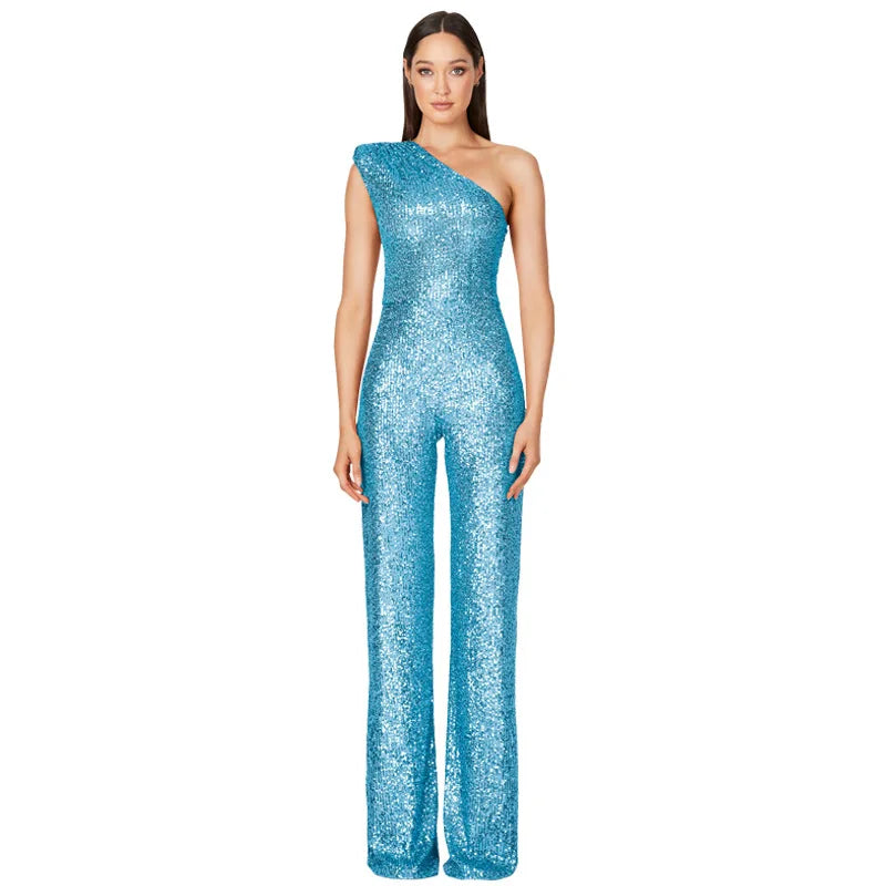 Women Elegant Long Jumpsuits Slanted Collar Party 2026 Sexy Glitter Sequin Club Playsuits Fashion Backless Solid Romper