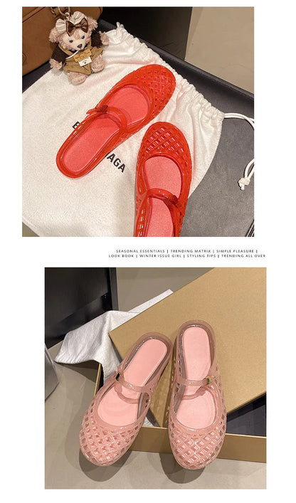 Women's Light Luxury Crystal Jelly Mary Jane Flat Sandals Hollow-out Breathable Closed Toe Summer Casual Non-slip Slip-on Shoes