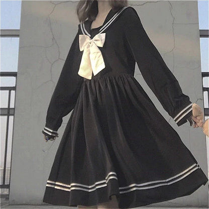 Bow splicing loose A-line fashionable knee length cute empire preparatory style Japanese full set black school uniform