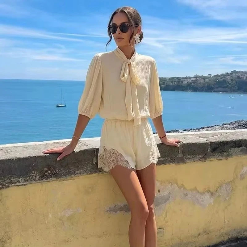 MUJER Tied Lace Playsuit Woman Summer Casual Jumpsuits for Women Semi Sheer Vacation Jumpsuits Woman One Pieces Overalls Women