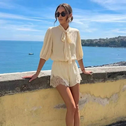 MUJER Tied Lace Playsuit Woman Summer Casual Jumpsuits for Women Semi Sheer Vacation Jumpsuits Woman One Pieces Overalls Women