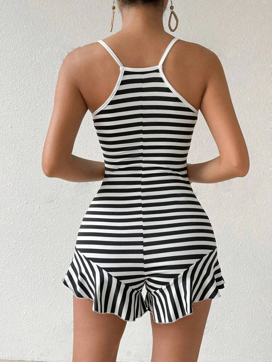 Women Red White Striped Cami Rompers Sleeveless V Neck Flared Hem Short Jumpsuits Summer Casual Bodycon Short Playsuit Female Be