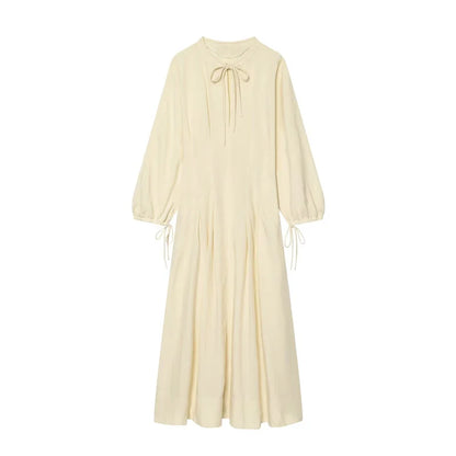Women's Dress 2026 Summer New Beige Long-Sleeve Loose Tie-Decorated Long Dress Elegant and Graceful Beach Vacation