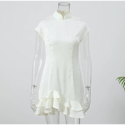 Elegant Satin Irregular Ruffle Hem Mini Dress Women Solid Stand Collar Short Sleeve Slim Dressess 2026 Lady Party Evening Gown