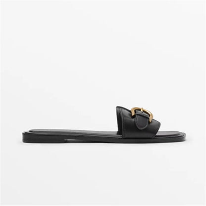Slippers for Woman 2025 Summer Beach Flats Ladies Buckle Slides Gladiator Sandals Luxury Leather Mules Zapatos Mujer