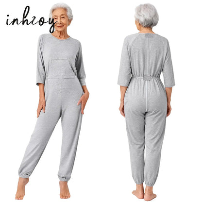 Women's Elderly Anti-Strip Adaptive Jumpsuit Back Legs Zip Long Sleeve Long Pants Nursing Rompers for Special Needs Disabilities