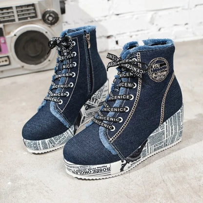 Women's Wedge Sneakers High Top Round Toe Denim-Look Lace-Up Side Zipper Letter Print Detail Casual Platform Ankle Boots 2026