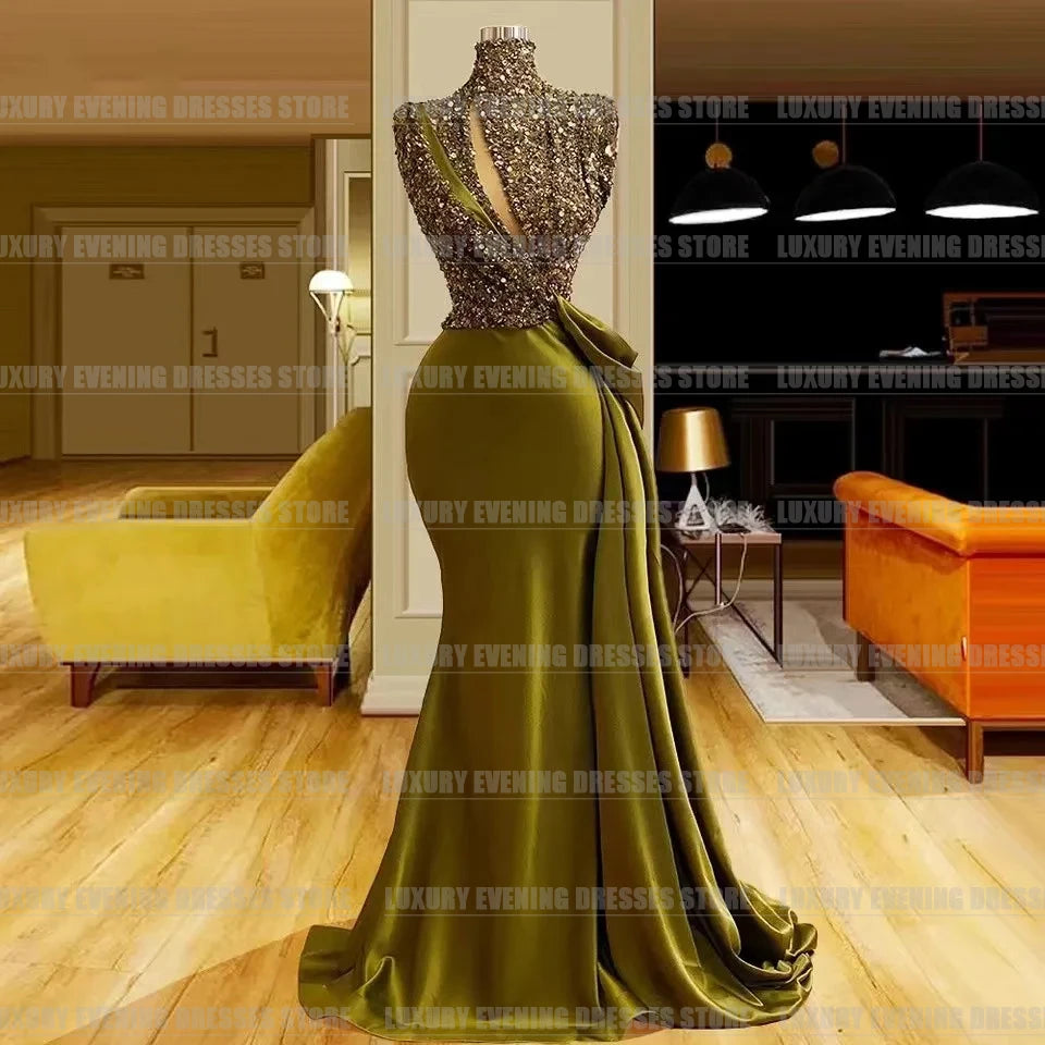 Simple Mermaid Evening Dresses Woman's High Neck Sexy Cut Out Sequined Satin Formal Prom Gowns Party Customized Robes De Sirée