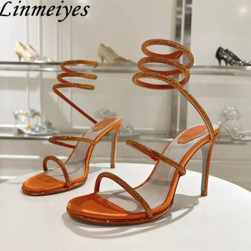 Summer Crystal Gladiator Sandals Women Rhinestone Twine Around Ankle Snake Wedding Shoes High Heels Sandals Woman