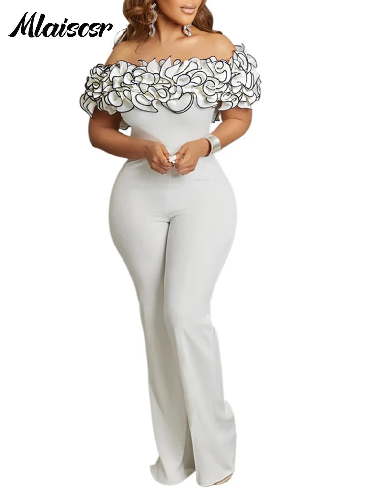 Mlaiscsr Elegant Ruffle Off Shloulder Jumpsuits Women Sleeveless Backless Rompers Female Birthday Festivals One Pieces Outfit