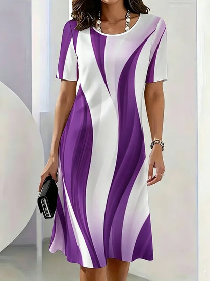 Summer Women Dress Fashion Gradient Striped Pattern Printed Dress Short Sleeve O-Neck Loose Casual A-Line Mini Dress