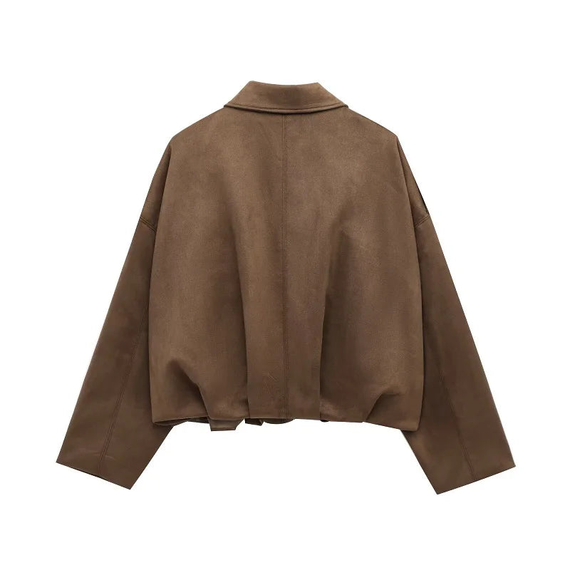 MUJER Faux Suede Bomber Jackets for Women Zip Oversized Jacket Woman Outerwears Padded Varsity Jackets Streetwear Women's Coats