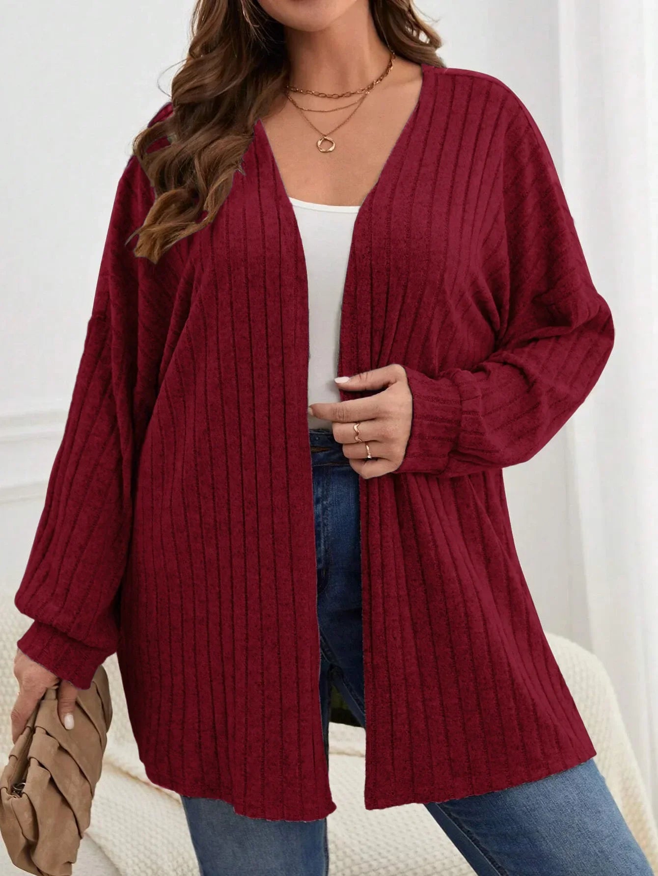 Autumn and Winter  Plus Size Women's 1XL-5XL Solid Color Loose Cardigan Top Women's Long Sleeved Knitted Jacket