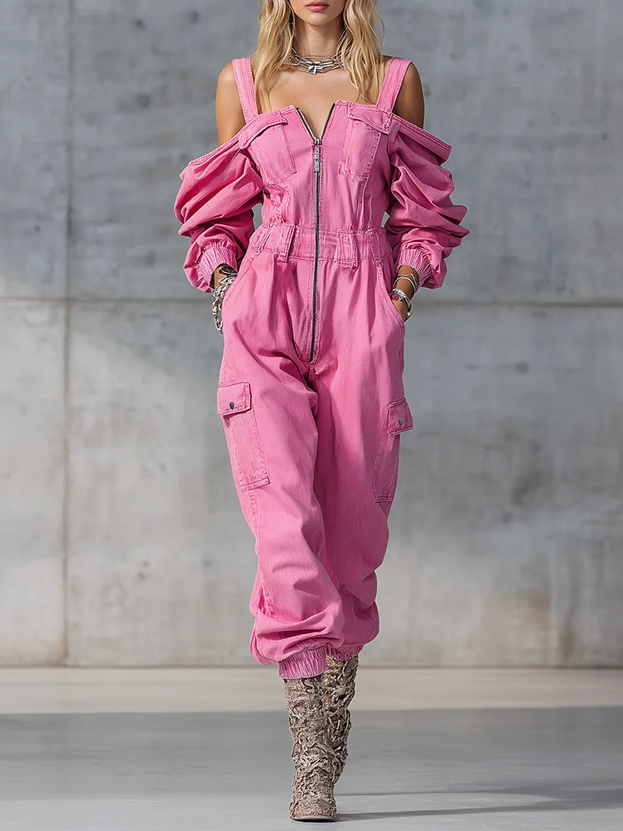 2026 Spring Vintage Denim Jumpsuit Woman Solid Zipper Off-shoulder High Wait Loose Cargo Pants Romper Long Sleeve Overalls