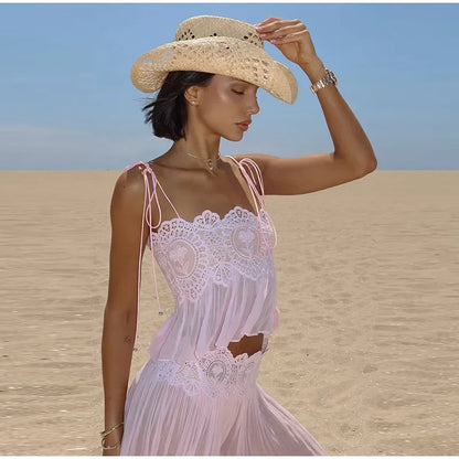 Floral Lace Embroidered Sheer Sling 2 Pcs Set Spaghetti Strap Crop Top High Waist Lantern Pants 2026 Summer Beach Women Outfits
