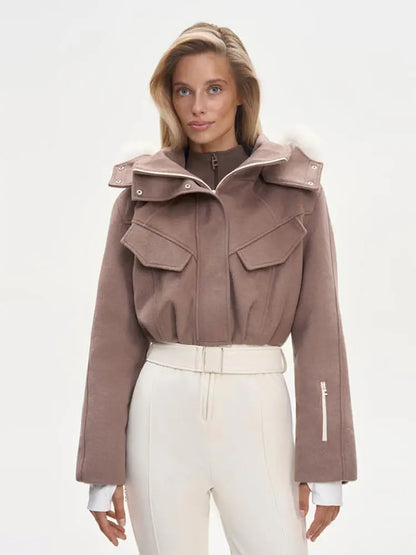 Faux Fur Patchwork Ski Jumpsuit Women Detachable Hoodie Long Sleeves Belts Zipper Warm Skiwear Female 2025 Winter Warm Rompers