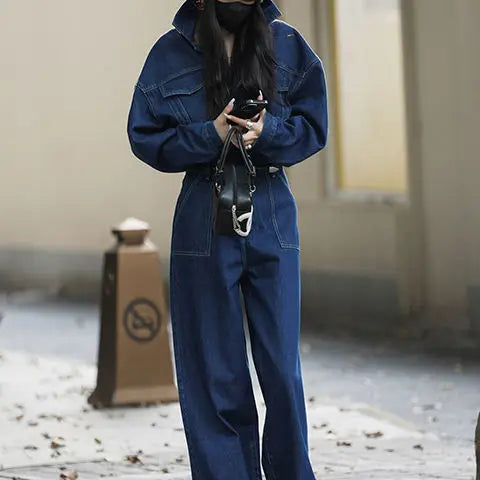 Jumpsuits Women Autumn Spring Fashion New Safari Style Loose Long Sleeve Denim Jumpsuits Office Lady