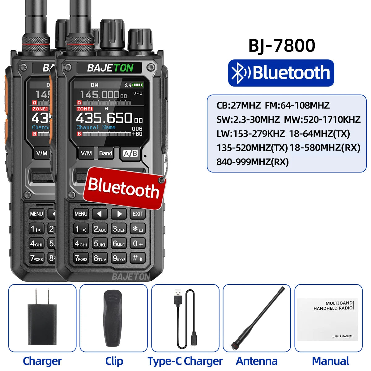 2PCS BAJETON BJ-7800 Walkie Talkie NOAA Long Range SW MW LW AM SSB CB Receive Wireless Bluetooth Phone Programming Two Way Radio