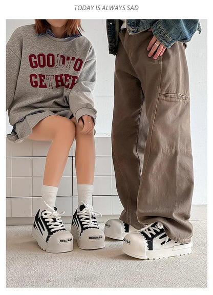 Women Men Sneakers Low-top Big-head Canvas Thick-soled Heightening Versatile Unisex Leisure Trendy Shoes Men Chunky Trainers