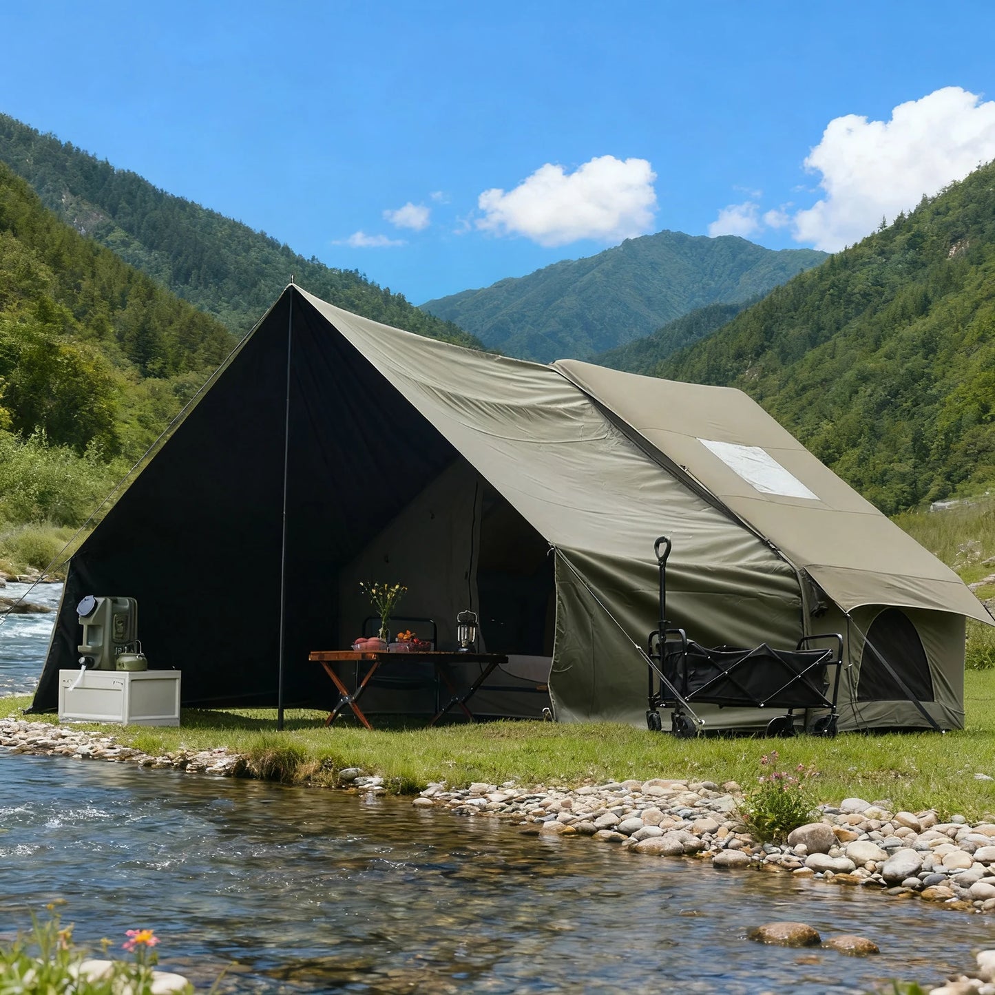 PAKICETUS 8-Person Inflatable Glamping Tent, Green Tent with Mesh Windows & Hand Pump with Extra-Large Canopy Living Room