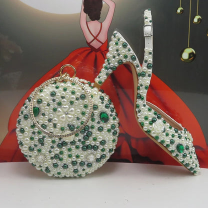 BaoYaFang Green Pointed Toe Pearl Bridal Wedding Shoes and Bag Thin Heel Slingbacks Female Ladies Party Shoe Shallow Women Shoes