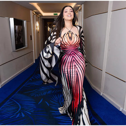 Chic Gradient Stripe Halter Dress Women Butterfly Sleeve Backless Slim Floor-length Dresses 2026 New Lady Party Evening Gown ﻿