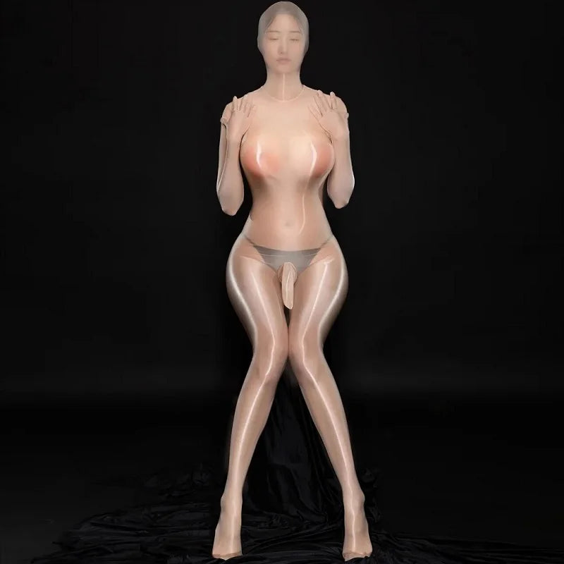 Zipper Open Full Body Catsuit with JJ Pouch Thin Sheath Transparent Body-stocking Unisex Sheer Bodysuit Sexy Lingerie Jumpsuit