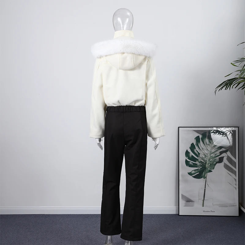 Fashion Hooded One-Piece Ski Jumpsuit Women Stand Collar Zipper High Waist Solid Windproof Outwear 2026 Winter Lady Skiwears New